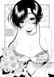  1girl artist_name bare_shoulders blush border bouquet breasts cleavage closed_mouth collarbone commentary_request dress english_text eyewear_on_head filter-goshi_no_kanojo floral_background flower glasses hachiya_temari holding holding_bouquet holding_flower jewelry large_breasts looking_at_viewer mole mole_under_eye monochrome necklace oomsz pearl_necklace round_eyewear twitter_username upper_body white_border 