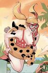  1girl alternate_costume artist_collaboration batman_(series) blonde_hair breasts cleavage dc_comics flippers harley_quinn highres hyena_innertube innertube medium_breasts one-piece_swimsuit open_mouth orange_sky outdoors polka_dot_one-piece_swimsuit rachel_dodson red_one-piece_swimsuit short_twintails sky snorkel solo_focus sunset swim_ring swimsuit teeth terry_dodson twintails 