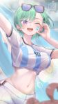  2girls :d ;d absurdres argentinian_flag barbell_piercing breasts clothes_lift commentary day ear_piercing eyewear_on_head green_hair hair_ornament half-heart_hands hand_on_own_face highres industrial_piercing large_breasts looking_at_viewer motoja_72p multiple_girls navel one_eye_closed outdoors piercing purple_eyes shirt shirt_lift shirt_rolled_up short_hair short_shorts short_sleeves shorts smile solo_focus stomach sunglasses sweat twitter_username virtual_youtuber vspo! white_shirt white_shorts world_cup x_hair_ornament yakumo_beni yumeno_akari 