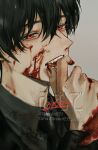  1boy absurdres artist_name black_hair black_shirt blood blood_on_face collared_shirt commentary fangs hair_between_eyes highres looking_at_viewer male_focus open_mouth original red_eyes shirt short_hair simple_background solo zoshe099 
