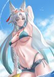  1girl absurdres alternate_costume animal_ear_fluff animal_ears aqua_bikini aqua_eyes arm_behind_head arm_up armpits bikini bikini_bottom_under_shorts bikini_under_clothes blue_sky breasts commentary_request denim denim_shorts earrings eyewear_on_head feixiao_(honkai:_star_rail) fox_ears fox_girl grey_hair hair_intakes highres honkai:_star_rail honkai_(series) jewelry large_breasts long_hair looking_at_viewer micro_shorts navel ocean presenting_own_armpit shorts sideboob sky solo solomon_0616 stomach sunglasses swimsuit thighs underboob very_long_hair wading 