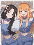  2girls bare_shoulders black_hair blue_eyes blue_pants blue_shirt blush commentary_request detached_collar double_v fur_sleeves gakuen_idolmaster green_eyes highres idolmaster idolmaster_shiny_colors mitsumine_yuika multiple_girls navel open_mouth orange_hair pants pippo_(pippo314) shirt shiun_sumika smile v 