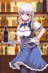  1girl absurdres adapted_costume back_bow bar_(place) black_thighhighs blue_bow blue_dress blue_eyes bottle bow braid breasts chinese_commentary ci_sheng_shi_ying cleavage cleavage_cutout closed_mouth clothing_cutout commentary_request cross-laced_clothes cup dress drinking_glass framed_breasts frilled_dress frills green_bow green_ribbon grey_hair hair_bow hand_on_own_hip highres holding holding_tray izayoi_sakuya large_breasts long_hair looking_at_viewer maid maid_headdress mole mole_on_breast neck_ribbon puffy_short_sleeves puffy_sleeves ribbon short_sleeves smile solo thighhighs touhou tray twin_braids white_bow white_wrist_cuffs wine_bottle wrist_cuffs 