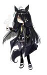  1girl ahoge animal_ears black_coat black_gloves black_pantyhose black_shirt black_skirt coat coffee coffee_mug commentary cup deformed ear_tag gloves hand_in_pocket highres horse_ears horse_girl horse_tail long_hair long_sleeves looking_at_viewer manhattan_cafe_(creeping_shadow)_(umamusume) manhattan_cafe_(umamusume) mengo_(captainmeteor6) mug necktie open_clothes open_coat pantyhose pleated_skirt shirt shoes skirt solo steam steaming_cup tail umamusume untranslatable_commentary very_long_hair white_shoes yellow_eyes yellow_necktie 