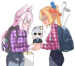  3girls :3 ? absurdres alternate_costume amane_kanata animal_ear_fluff animal_ears antenna_hair asymmetrical_bangs backpack badge bag black_bag black_pants black_suit blonde_hair blue_bow blue_hair blue_necktie blush blush_stickers bow braid braided_bun breasts brown_bag button_badge chibi coke-bottle_glasses collared_shirt colored_inner_hair commentary_request cowboy_shot crown_braid dark-skinned_female dark_elf dark_skin double-parted_bangs elf from_side glasses grey_hair grey_pants hair_between_eyes hair_bow hair_bun hakui_koyori halo headband high_ponytail highres holding_hands hololive jacket lone_nape_hair long_hair long_pointy_ears long_sleeves looking_at_another medium_breasts multicolored_hair multiple_girls necktie nose_blush open_mouth orange_eyes otaku pants pink_streaks plaid_clothes plaid_shirt pointy_ears ponytail poster_(object) purple_shirt raised_eyebrows rectangular_eyewear red_headband red_shirt rolled-up_paper round_eyewear shino_12a shiranui_flare shirt shirt_tucked_in shopping_bag side_up_bun sidelocks simple_background single_hair_intake star_halo streaked_hair suit suit_jacket sunglasses sweatdrop tilted_halo two-tone_hair virtual_youtuber white_background white_shirt white_streaks wolf_ears wolf_girl 