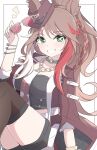  1girl absurdres animal_ears arnolddayo black_shirt black_shorts black_thighhighs blush braid breasts brown_hair chain_necktie choker commentary_request ears_through_headwear fedora forever_young_(racing)_(umamusume) forever_young_(umamusume) green_choker green_eyes grin hat highres holding holding_removed_eyewear horse_ears horse_girl jacket jewelry large_breasts long_hair looking_at_viewer multicolored_hair necktie open_mouth purple-tinted_eyewear red-tinted_eyewear red_jacket red_streaks shirt shorts shorts_under_skirt skirt smile solo strapless strapless_shirt streaked_hair sunglasses teeth thighhighs tinted_eyewear umamusume unworn_eyewear white_necktie white_skirt white_streaks 