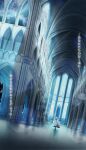  1girl architecture black_shoes commentary_request dress frilled_dress frills gothic_architecture hat highres house_8059 layered_dress long_hair mahou_shoujo_no_majo_saiban shoes solo spoilers stained_glass throne throne_room translation_request tsukishiro_yuki very_wide_shot white_hair white_hat 