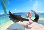  1girl absurdres alternate_costume beach bikini black_bikini black_wings blue_sky breasts cloud commentary day english_commentary hair_intakes hat highres horizon kuro1tanaka large_breasts looking_at_viewer medium_hair navel ocean outdoors palm_tree pink_hair purple_eyes remielle_dan remielle_dan_(moonlight_whispers) sand sky smile solo swimsuit tree water wings zenless_zone_zero 