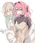  2girls absurdres black_ribbon blue_eyes blush camisole_dress closed_eyes dressing hair_intakes hair_ribbon hiccup highres kamiina_botan kamiina_botan_yoeru_sugata_wa_yuri_no_hana locked_arms long_hair multiple_girls open_mouth pink_hair ribbon shirt short_hair simple_background smile spaghetti_strap tonami_ibuki two_side_up wagariro white_background white_shirt yuri 