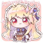  1girl archetype_earth archetype_earth_(celebratory_attire) archetype_earth_(third_ascension) arcueid_brunestud aya_kumokumo black_capelet blue_bow blue_gloves blush bow burger capelet chibi chibi_only collared_shirt commentary_request crown eating english_text fate/grand_order fate_(series) food gloves hair_bow highres holding holding_burger holding_food long_hair official_alternate_costume pink_background pink_crown red_eyes shirt side_capelet sidelocks solo sparkle upper_body white_shirt 