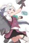  1girl artist_name asashimo_(kancolle) asashimo_kai_ni_(kancolle) asymmetrical_legwear black_gloves brown_skirt brown_vest collared_shirt commentary_request dated dress_shirt fingerless_gloves gloves grey_eyes grey_hair grey_thighhighs gyuunyuu_no_chikara highres kantai_collection mismatched_legwear mismatched_thighhighs one-hour_drawing_challenge ponytail rigging sharp_teeth shirt simple_background skirt solo summer_uniform teeth thighhighs vest white_background white_shirt 
