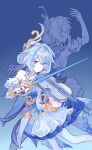  1girl aaa_huahua_meiyong_wobailan ballerina bare_shoulders blue_background blue_dress blue_hair breasts closed_eyes closed_mouth dress full_body genshin_impact gloves gradient_background hair_between_eyes hair_intakes hair_ornament highres holding holding_instrument holding_sword holding_weapon instrument long_hair looking_at_viewer medium_hair odette_(genshin_impact) pantyhose purple_eyes simple_background solo strapless sword violin weapon white_dress white_pantyhose 