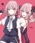  2others :d :o akiyama_mizuki alternate_costume alternate_hair_length_(shorter) alternate_hair_ornament alternate_hairstyle arm_up artist_name ascot bare_shoulders black_gloves black_shorts black_vest bob_cut borrowed_hairstyle braid brown_corset brown_dress brown_gloves brown_ribbon collared_shirt commentary corset cross-laced_clothes cross-laced_corset do_while02 dot_nose dress drill_hair drill_ponytail drill_sidelocks dual_persona flower gem gloves hair_flower hair_ornament hair_ribbon half_gloves halterneck hand_up heart high_side_ponytail highres light_blush long_hair long_sidelocks long_sleeves looking_at_viewer multiple_others open_mouth pink_background pink_eyes pink_hair pink_ribbon ponytail project_sekai puffy_long_sleeves puffy_sleeves red_flower red_gem red_rose ribbon rose shirt short_braid short_hair short_shorts short_sleeves shorts side_braid side_ponytail sidelocks single_braid smile twitter_username vest w white_ascot white_shirt 