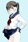  1girl black_hair blue_sailor_collar blue_skirt brown_eyes closed_mouth clothes_lift commentary cowboy_shot crotch_seam expressionless from_side grey_background highres lifting_own_clothes long_sleeves looking_at_viewer looking_to_the_side medium_hair neckerchief original panties pleated_skirt ponytail red_neckerchief round_eyewear sailor_collar school_uniform secret_dmain semi-rimless_eyewear serafuku shirt simple_background skirt skirt_lift sleeve_cuffs solo standing turning_head under-rim_eyewear underwear untranslatable_commentary variant_set white_panties white_shirt 