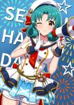  1girl ;) absurdres alternate_costume blue_skirt blue_wrist_cuffs blush breasts brown_eyes cowboy_shot finger_to_cheek gloves green_hair hat highres holding holding_megaphone idolmaster idolmaster_million_live! idolmaster_million_live!_theater_days large_breasts looking_at_viewer megaphone mimiu_p one_eye_closed sailor_collar sailor_hat sailor_shirt shirt shorts shorts_under_skirt skirt sleeveless sleeveless_shirt smile solo standing star_(symbol) tokugawa_matsuri white_gloves white_hat white_shirt white_shorts wrist_cuffs zenryoku_cheerleader_(idolmaster) 