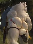  2016 anthro anus back_muscles backsack balls bear big_muscles black_nose black_penis butt clothing darkgem fur half-closed_eyes hi_res jockstrap leaves looking_at_viewer looking_back low-angle_view male mammal muscular muscular_male nude outside penis penis_backwards polar_bear police rear_view solo standing underwear weapon white_fur 