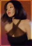  1girl absurdres black_dress black_gloves black_hair brown_eyes collarbone criss-cross_halter dress east_asian elbow_gloves floating_hair gloves halter_dress halterneck highres jihyo_(twice) k-pop orange_background parted_lips real_life realistic short_hair sleepi_lizz solo twice_(group) 