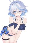  1girl :q ahoge arm_cuffs ass_visible_through_thighs bikini blue_bikini blue_eyes blue_hair blush breasts closed_mouth collarbone commentary cowboy_shot drop-shaped_pupils eyelash_ornament frilled_bikini frills furina_(genshin_impact) genshin_impact grey_hair hair_between_eyes hair_intakes halterneck hand_up heterochromia highres leaning_forward licking_lips looking_at_viewer multicolored_hair rea_0523 shiny_skin short_hair sidelocks simple_background skindentation small_breasts smile solo streaked_hair swimsuit symbol-shaped_pupils thigh_gap thigh_strap thighs tongue tongue_out white_background 