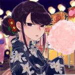  1girl blush braid commentary cotton_candy crown_braid english_commentary english_text festival floral_print floral_print_kimono flower food hair_bun hair_flower hair_ornament holding holding_cotton_candy holding_food japanese_clothes kimono komi-san_wa_komyushou_desu komi_shouko lantern long_hair long_sleeves looking_at_viewer night oda_tomohito official_art print_kimono purple_hair sidelocks single_hair_bun sitting sky tongue tongue_out upper_body 