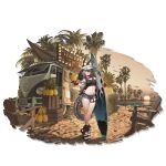  1girl :d animal_ears arknights beach black_shirt blue_shorts breasts caper_(arknights) caper_(summer_flowers)_(arknights) crop_top crossed_legs denim denim_shorts ears_through_headwear fingerless_gloves food food_truck fruit full_body gloves grey_hair grey_shorts hair_between_eyes hat highres holding holding_food holding_fruit holding_surfboard jacket large_breasts lemon looking_at_viewer medium_breasts midriff motor_vehicle navel official_art open_clothes open_jacket open_mouth orange_sky outdoors palm_tree pineapple red_gloves red_jacket red_sandals sandals shirt short_hair short_shorts short_sleeves shorts skateboard sky smile solo standing stomach sunset surfboard tail thigh_strap thighs third-party_source transparent_background tree usu_(9619usu) van watson_cross white_hat 