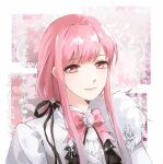  1girl ascot black_ribbon blazer border bow bowtie cape chinese_commentary collared_shirt commentary_request crossdressing crossdressing_(ftm) floral_background formal_clothes four-pointed_star fur-trimmed_cape fur_trim hair_ornament hair_ribbon happy highres jacket lishao_lishao long_hair long_sidelocks low_ponytail nikki_(nikki) nikki_(series) nikki_(tuxedo)_(shining_nikki) official_alternate_costume outside_border pink_background pink_bow pink_bowtie pink_hair ponytail ribbon shining_nikki shirt side_cape sidelocks solo star_(symbol) star_hair_ornament suit upper_body very_long_hair white_ascot white_border white_cape white_jacket white_shirt white_suit 