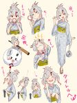  ... 1girl :3 :i :o =_= absurdres alternate_hairstyle arm_up arrow_(symbol) bag blush brain_freeze brown_sash character_request check_character clenched_teeth closed_eyes commentary_request costume_request fang finger_to_cheek food from_side grey_bag grey_hair grey_kimono hair_bun hair_ornament hair_stick handbag highres holding holding_shaved_ice holding_weapon hololive horns index_fingers_together japanese_clothes keppii kimono long_sleeves looking_at_viewer looking_to_the_side looking_up multicolored_hair multiple_views nakiri_ayame obi obijime object_request oni open_mouth parted_lips pattern_request pointing pointing_up poyoyo_(nakiri_ayame) puffy_cheeks raised_inner_eyebrows red_eyes red_hair red_sandals riding sandals sash shaved_ice short_hair simple_background smile solid_oval_eyes squinting streaked_hair teeth translation_request upper_teeth_only virtual_youtuber waving weapon weapon_request wide_sleeves yellow_background 