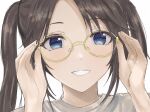  1girl adjusting_eyewear arc_1g black_hair blue_eyes commentary_request glasses grey_shirt highres idolmaster idolmaster_shiny_colors long_hair looking_at_viewer mitsumine_yuika shirt smile twintails white_background yellow-framed_eyewear 