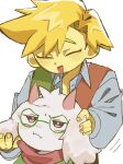  2boys annoyed blonde_hair closed_eyes closed_mouth colored_skin commentary deltarune fangs flowery_(deltarune) furry furry_male green_robe highres horns looking_at_another looking_down looking_up male_focus multiple_boys open_mouth pink_horns pink_scarf ralsei robe round_eyewear scarf shirt skin_fangs smile spoilers utdr_(toby_fox) white_background white_fur white_shirt y9m631 yellow_skin 