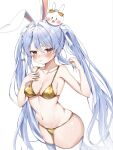  1girl animal_ear_fluff animal_ears bikini blue_hair blush breasts cleavage commentary_request duplicate extra_ears gold_bikini hair_ribbon hands_up highres hikimayu hololive long_hair looking_at_viewer mi_kamii2 multicolored_hair navel orange_eyes pekomon_(usada_pekora) rabbit-shaped_pupils rabbit_ears rabbit_girl ribbon short_eyebrows sidelocks simple_background small_breasts solo stomach streaked_hair string_bikini swimsuit symbol-shaped_pupils thick_eyebrows thighhighs two-tone_hair usada_pekora very_long_hair virtual_youtuber white_background white_hair white_streaks white_thighhighs 