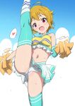  1girl :d aqua_thighhighs breasts cheerleader commentary_request heart highres holding holding_pom_poms ibuki_tsubasa idolmaster idolmaster_million_live! leg_up looking_at_viewer medium_breasts midriff navel open_mouth panties pantyshot pink_panties pom_pom_(cheerleading) red_eyes skirt smile solo spoken_heart standing standing_on_one_leg thighhighs thighs umanosuke underwear white_skirt 