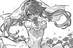  1girl aiming aiming_at_viewer bare_shoulders bridal_veil commentary contemporary dress elbow_gloves english_commentary field flower flower-shaped_pupils flower_field genshin_impact gloves greyscale gun hair_between_eyes hair_flower hair_ornament handgun highres holding holding_gun holding_weapon hu_tao_(genshin_impact) long_hair monochrome sleepysomnii solo symbol-shaped_pupils twintails twitter_username veil very_long_hair weapon wedding_dress white_background white_dress 