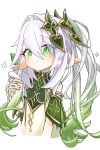  1girl absurdres blunt_ends braid commentary cross-shaped_pupils dress genshin_impact gradient_hair green_dress green_eyes green_sleeves hair_between_eyes hair_ornament half_crown_braid highres holding_own_hair leaf_hair_ornament long_hair looking_at_viewer multicolored_hair nahida_(genshin_impact) nekot0_sabu pointy_ears shoulder_peek side_ponytail simple_background smile solo symbol-shaped_pupils upper_body very_long_hair white_background white_hair 