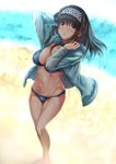  bangs barefoot beach bikini black_hair blue_bikini blue_eyes blush breasts cleavage commentary_request from_above hairband highres idolmaster idolmaster_cinderella_girls jacket large_breasts long_hair long_sleeves looking_up navel nohito ocean open_clothes open_jacket open_mouth outdoors sagisawa_fumika sand solo swimsuit 