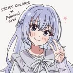  1girl black_hair blue_eyes blush bow bowtie braid commentary_request dress grey_dress idolmaster idolmaster_shiny_colors long_hair long_sleeves pippo_(pippo314) profile side_braid smile solo star_(symbol) suzuki_hana v 