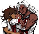  >_< 3girls :3 anger_vein artist_name asahina_aoi bandaged_arm bandages biting biting_cheek blue_sailor_collar blush blush_stickers brown_hair closed_eyes closed_mouth collared_shirt commentary danganronpa:_trigger_happy_havoc danganronpa_(series) danganronpa_2:_goodbye_despair dark-skinned_female dark_skin english_commentary highres hug hug_from_side lips long_hair mananak07 medium_hair multiple_girls muscular muscular_female neckerchief ogami_sakura open_mouth owari_akane ponytail red_neckerchief sailor_collar scar scar_on_face shirt short_sleeves simple_background smile solid_circle_eyes tan upper_body white_background white_hair white_shirt 