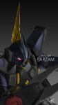  barzam beam_rifle character_name commentary_request energy_gun english_text gundam highres mecha mecha_focus mobile_suit no_humans one-eyed_mecha pink_eyes portrait realistic robot science_fiction serike_w signature solo titans_(gundam) weapon zeta_gundam 