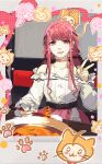  1girl absurdres animal animal_ears belt black_belt black_bow black_ribbon booth_seating border bow brown_eyes buttons cat cat_ears chair chibi chinese_commentary chopsticks clothed_animal collarbone commentary_request cowboy_shot drawn_ears drawn_whiskers eating food frilled_skirt frilled_sleeves frills grey_border hair_bow hair_ribbon happy head_only highres holding holding_chopsticks holding_food holding_with_chopsticks hotpot indoors infinity_nikki jewelry layered_skirt lishao_lishao long_hair long_sidelocks long_sleeves looking_at_viewer low_twintails momo_(nikki) necklace nikki_(nikki) nikki_(series) nostrils off-shoulder_shirt off_shoulder on_chair paw_print perfect_start_(infinity_nikki) pink_hair pink_skirt puffy_long_sleeves puffy_sleeves restaurant ribbon shirt sidelocks sitting skirt snowflakes standing star_(symbol) star_necklace tress_ribbon twintails v very_long_hair white_shirt 