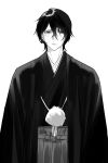  1boy absurdres alternate_costume bkg0303 bleach commentary_request crossed_bangs eyes_visible_through_hair frown green_eyes greyscale hakama haori highres japanese_clothes korean_commentary limited_palette male_focus monochrome pale_skin solo spot_color straight-on ulquiorra_cifer upper_body 