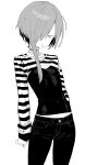 1boy androgynous breasts choker cleavage collarbone commentary_request denim greyscale groin hair_over_one_eye henyaan_(oreizm) highres jeans long_single_sidelock long_sleeves looking_at_viewer male_focus midriff mole mole_under_mouth monochrome original pants shirt simple_background small_breasts solo standing striped_clothes striped_shirt white_background 