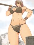  1boy 1girl axe brown_hair giantess green_eyes panah pointy_ears 