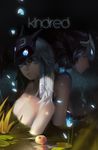  3_percent absurdres apple aqua_eyes aqua_hair blue_eyes breasts character_name cleavage eyelashes food fruit green_hair highres humanization kindred lamb_(league_of_legends) league_of_legends light_smile lily_pad lipstick long_hair makeup mask multiple_girls nude number partially_submerged petals pink_lips plant small_breasts taohai upper_body water wolf_mask 