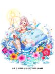  1girl absurdres artist_request bikini breasts cleavage collarbone copyright_name copyright_notice dolphin flower full_body hair_between_eyes highres horns inflatable_dolphin inflatable_toy kneeling long_hair looking_at_viewer medium_breasts official_alternate_costume official_art one_eye_closed oni open_mouth petals pink_bikini pink_eyes pink_hair red_eyes riding riding_animal rimuru_tempest rimuru_tempest_(slime) second-party_source shuna_(tensura) simple_background smile solo splashing swimsuit tensei_shitara_slime_datta_ken tensei_shitara_slime_datta_ken:_isekai_memories transparent_background very_long_hair water white_horns 