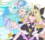  2girls antenna_hair black_bow black_bowtie black_capelet black_dress blonde_hair blue_bow blue_bowtie blue_capelet blue_hair blue_hat blue_nails blue_ribbon blue_skirt bow bow_earrings bowtie bridal_gauntlets brooch butterfly_earrings butterfly_hat_ornament capelet cheek_poking closed_eyes closed_mouth commentary_request crop_top cure_arcana_shadow cure_eclair diamond_hairband dress earrings frilled_capelet frills green_hair hair_bow hair_intakes hat hat_ornament hat_ribbon heart heart_brooch highres howa_kurea jewelry long_hair magical_girl meitantei_precure! midriff moria_luluka multicolored_hair multiple_girls nail_polish navel open_mouth pink_eyes pink_hair poking ponytail precure purple_bridal_gauntlets ribbon shirako_love shirt skirt smile two-tone_hair white_shirt wrist_cuffs yellow_wrist_cuffs 