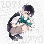  1boy 2023 antenna_hair black_hair black_shoes black_vest bouquet brown_shorts child collared_shirt dated empty_eyes expressionless flower from_side full_body hair_between_eyes heterochromia holding holding_bouquet kneehighs leaf leaning_forward loafers looking_at_viewer male_focus mitsubachi_koucha no_pupils omori shirt shoes short_hair shorts signature simple_background socks solo spoilers squatting sunny_(omori) tulip twitter_username vest white_background white_eyes white_flower white_shirt white_socks white_tulip 