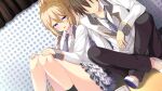  1boy 1girl black_pants black_socks blonde_hair blue_eyes brown_hair closed_mouth curtains dutch_angle e_school_life faceless faceless_male frilled_skirt frills game_asset grey_jacket grey_necktie hair_ornament hugging_own_legs indian_style jacket jinnai_rikako lapels long_sleeves looking_at_another miniskirt multicolored_jacket necktie non-web_source note official_art on_floor open_mouth pants plaid_clothes ponytail rinks school_uniform shoes short_hair side-by-side sitting skirt sleeve_cuffs socks standing tachi-e transparent_background two-tone_jacket uwabaki white_jacket white_shoes 