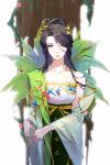  1girl absurdres against_tree aqua_eyes beads bird_hair_ornament black_skirt bow-shaped_hair brown_hair chinese_clothes chinese_commentary chinese_hairpin closed_mouth collarbone commentary_request cowboy_shot expressionless eyes_visible_through_hair facepaint floral_print flower green_sash hair_beads hair_between_eyes hair_bun hair_ornament hair_stick half_updo high-waist_skirt highres leaf_print lips lishao_lishao long_hair long_hair_between_eyes long_sidelocks looking_at_viewer official_alternate_costume own_hands_together pink_flower plant print_shirt print_skirt reverse:1999 sash see-through_clothes see-through_shawl shawl shirt sidelocks single_hair_bun skirt solo standing straight-on strapless strapless_shirt tree vines white_background white_shawl white_shirt willow_(reborn_and_restored)_(reverse:1999) willow_(reverse:1999) 
