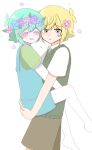  2boys antenna_hair barefoot basil_(faraway)_(omori) basil_(headspace)_(omori) basil_(omori) blonde_hair blue_eyes blue_overalls blush brown_shorts closed_eyes collared_shirt colored_skin commentary_request double-parted_bangs dual_persona flower flower_wreath green_hair green_shirt green_sweater_vest hair_between_eyes hair_flower hair_ornament head_wreath highres looking_at_viewer male_focus multiple_boys omori open_mouth overall_shorts overalls parted_lips shirt short_hair short_sleeves shorts sidelocks simple_background smile standing sweatdrop sweater_vest t-shirt white_background white_shirt white_skin yuuabara 