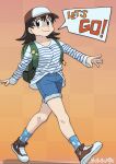  1girl absurdres alien_print artist_name azumanga_daioh backpack badge bag baseball_cap blue_socks breasts brown_eyes brown_hair brown_shoes character_badge character_charm charm_(object) checkered_background commentary converse denim denim_shorts english_commentary green_bag hat highres koiwai_yotsuba mihama_chiyo's_father nofugo orange_background shadow shirt shoes shorts socks speech_bubble spiked_hair striped_clothes striped_shirt takino_tomo white_shirt 