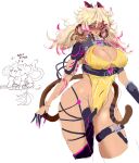  1girl absurdres animal_ears blonde_hair breasts cleavage commentary cyborg dark-skinned_female dark_skin gloves highleg highleg_leotard highres hip_focus indie_virtual_youtuber koko_d._nuts large_breasts leotard long_hair mechanical_arms mole mole_on_breast monkey monkey_ears monkey_girl monkey_tail multicolored_hair open_mouth pink_eyes pink_hair shrugzilla single_mechanical_arm solo tail thick_thighs thigh_strap thighs twintails virtual_youtuber white_background wide_hips yellow_eyes yellow_leotard 