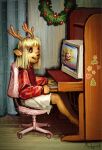  1girl alternate_costume antlers artist_name black_eyes blonde_hair chair christmas_wreath computer computer_keyboard deer_antlers deer_girl deltarune desk highres horns looking_at_viewer medyrick monitor noelle_holiday on_chair realistic red_pupils reindeer_antlers reindeer_girl shirt sitting solo sticker striped_clothes striped_shirt swivel_chair utdr_(toby_fox) wreath 